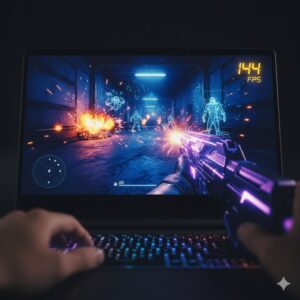 Gaming laptop screen running at 144hz with high FPS counter