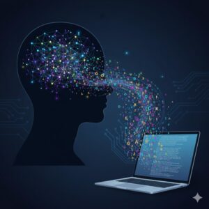 AI story writing concept with digital neural network.