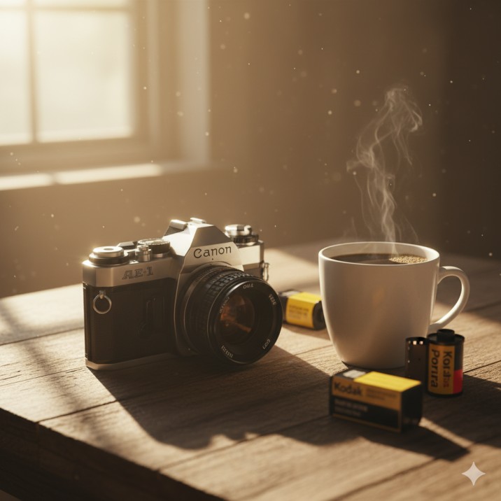 Best cheap film camera Canon AE-1 on wooden table.