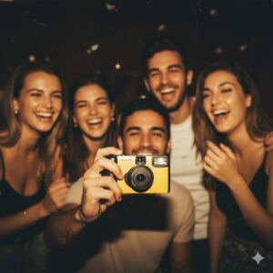 Friends using the best one time use camera at a party